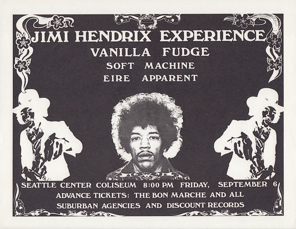 Jimi Hendrix - 1968 Concert Handbill: JIMI HENDRIX (1942-1970 American Rock Guitarist, Singer-Songwriter and Musician) Original & Vintage Concert Handbill featuring Jimi Hendrix and Vanilla Fudge. Venue: Seattle Center Coliseum, Seattle, 