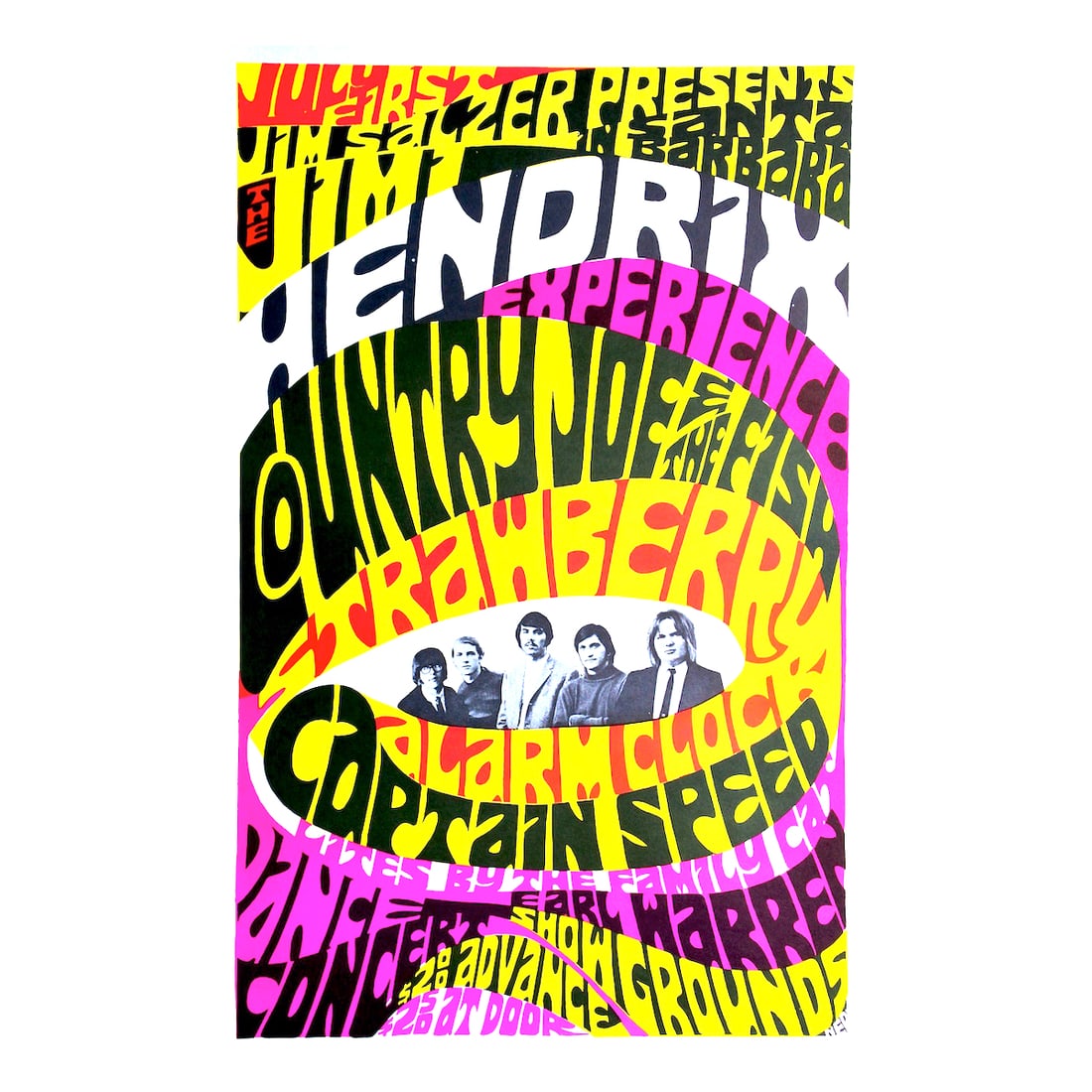 Jimi Hendrix Experience - 1967 Concert Poster: JIMI HENDRIX (1942-1970 American Rock Guitarist, Singer-Songwriter and Musician) COUNTRY JOE AND THE FISH (American Psychedelic Rock Band) Original & Vintage Jim Salzer Presents Concert Poster