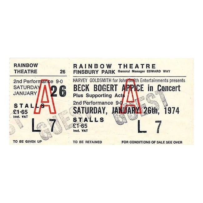 Jeff Beck - 1974 Vintage Concert Ticket: JEFF BECK (English Guitarist) Original & Rare Vintage 1974 unused Concert Ticket featuring Jeff Beck, Tim Bogart, and Carmine Appice (Their Final Show). Venue: Rainbow Theatre, Finsbury Park, London, 