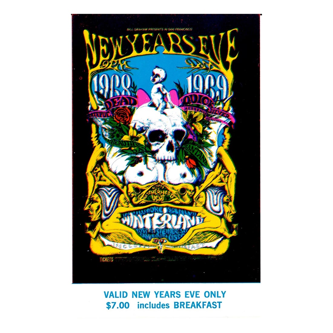 Grateful Dead - 1968 NYE Vintage Concert Ticket: GRATEFUL DEAD (American Rock Band) QUICKSILVER MESSENGER SERVICE (American Psychedelic Rock Band) SANTANA (Latin Music and Rock Band) Original & Vintage Bill Graham Presents Concert Ticket featuring T