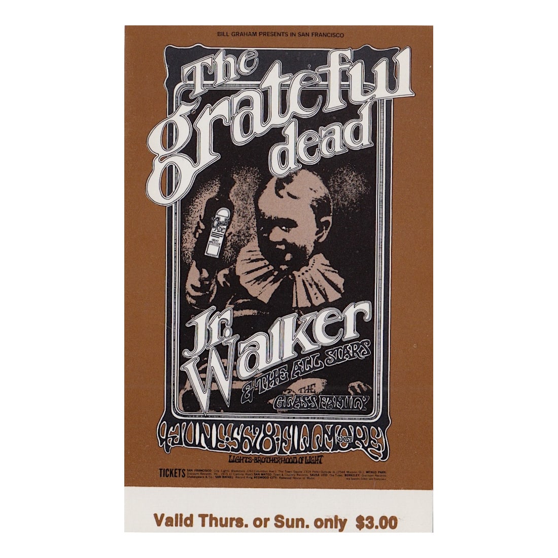 Grateful Dead - Fillmore - 1969 Vintage Concert Ticket: GRATEFUL DEAD (American Rock Band) JUNIOR WALKER (1931-1995 American Musician) Original & Vintage Bill Graham Presents Concert Ticket featuring The Grateful Dead and Junior Walker & the All-Stars. Ven