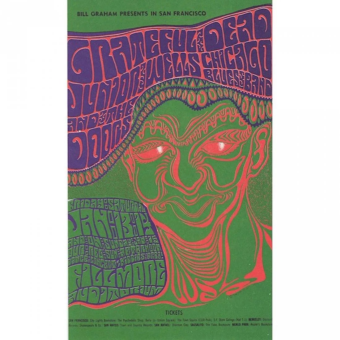 Grateful Dead - The Doors - 1967 Fillmore Concert Handbill: GRATEFUL DEAD (American Rock Band) THE DOORS (American Rock Band) JUNIOR WELLS (1934-1998 American Chicago Blues Artist) Original & Vintage Bill Graham Presents Concert Postcard featuring The Grateful