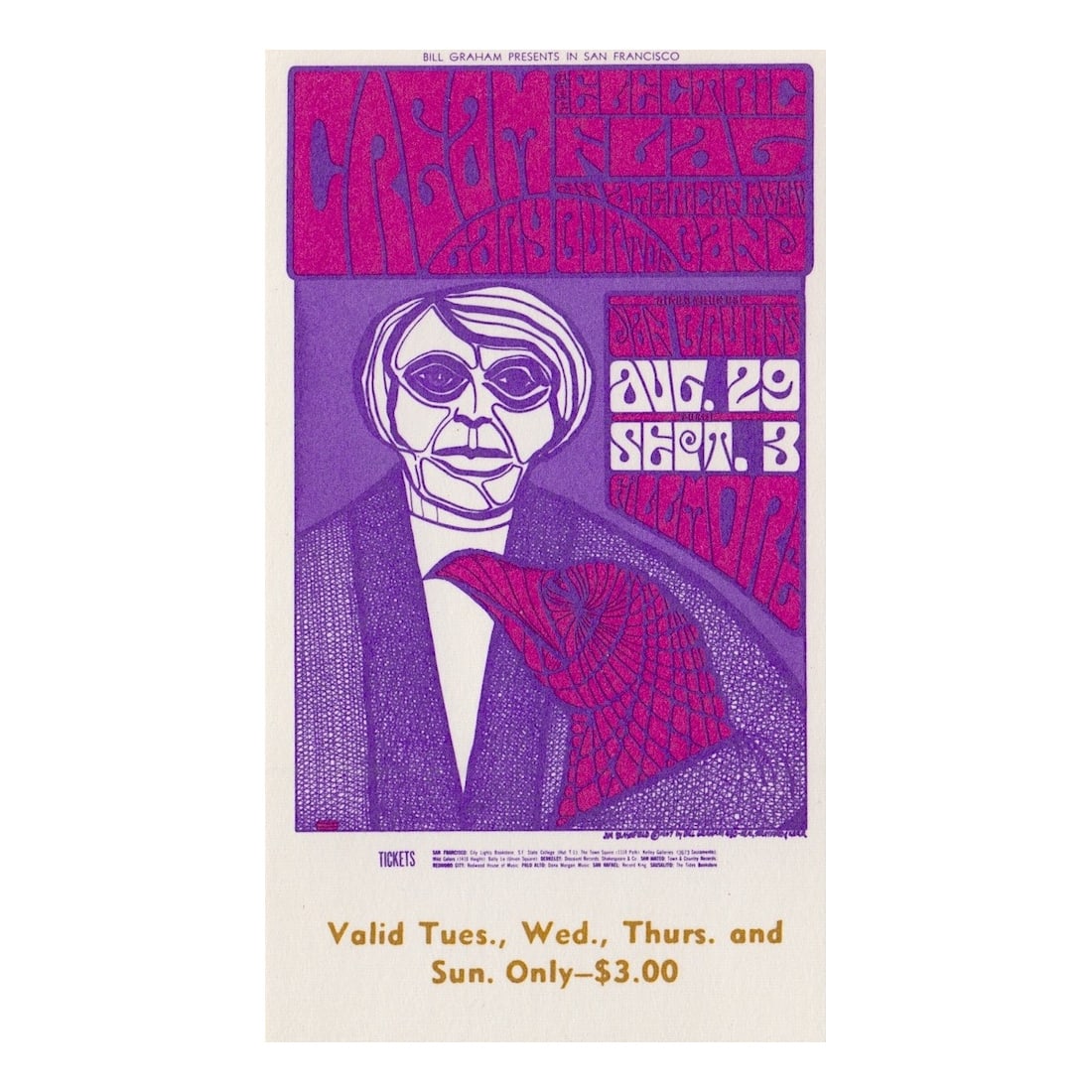 Cream - Electric Flag - 1967 Vintage Concert Ticket: CREAM (British Rock Power Trio) ELECTRIC FLAG (American Blues Rock Soul Group) Original & Vintage Bill Graham Presents Concert Ticket featuring Cream and The Electric Flag. Venue: Fillmore Auditorium,