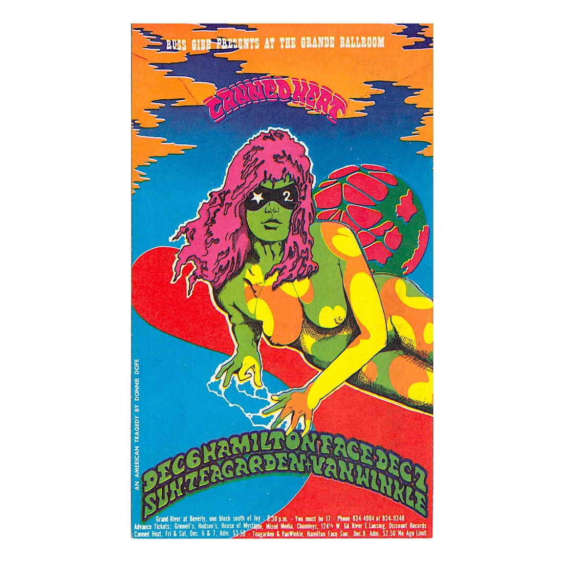 Canned Heat - 1968 Grande Ballroom Handbill: CANNED HEAT (American Rock Band) Original & Vintage Russ Gibb Concert Handbill featuring Canned Heat. This handbill is #67-1 in The Grande Ballroom Series. Venue: Grande Ballroom, Detroit, Michigan. D