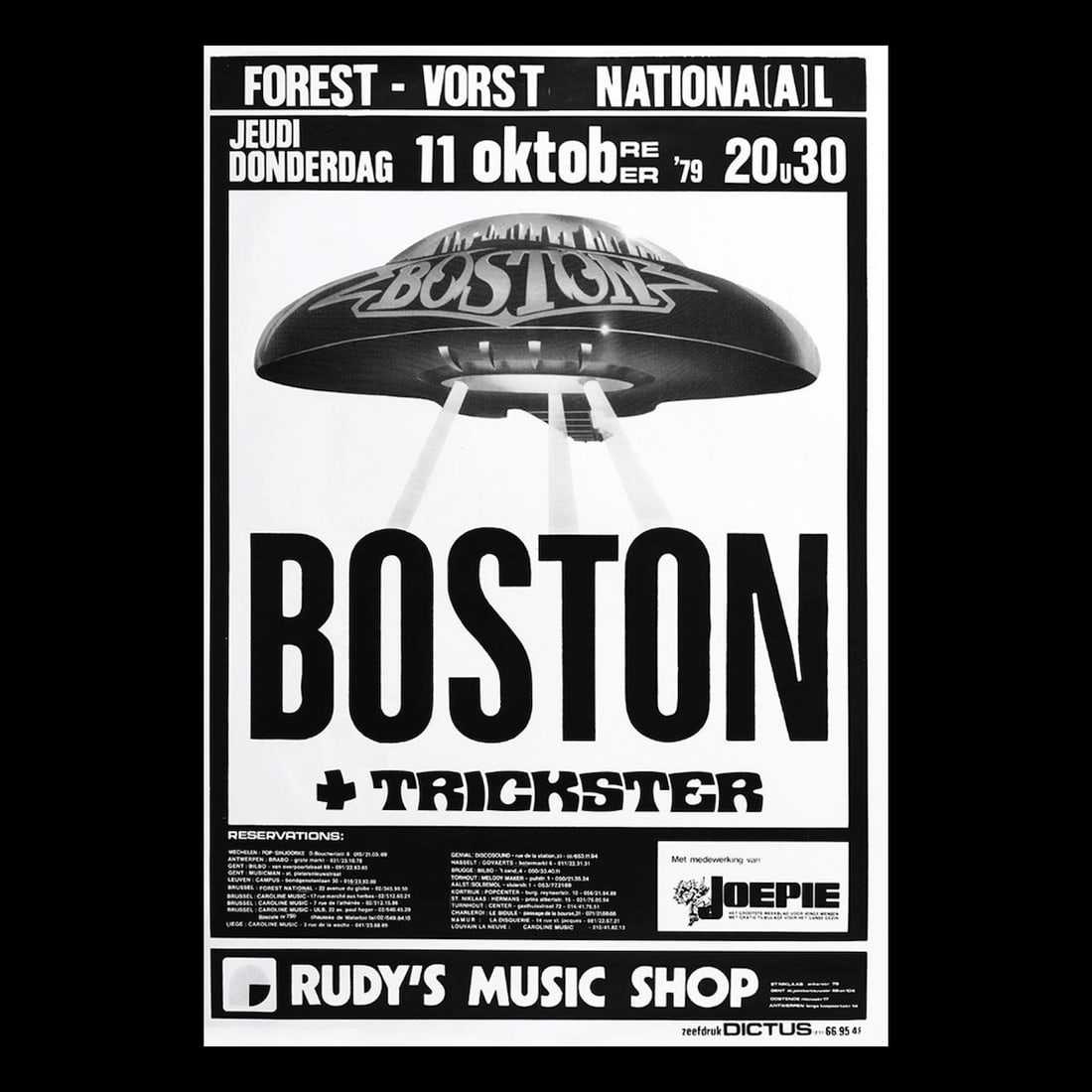 Boston - Don't Look Back - 1979 Concert Poster: BOSTON (American Rock Band) Original & Vintage 1979 Boston 'Don't Look Back Tour' Concert Poster. Venue: Voorst-Nationaal, Brussels, Belgium. Dated: October 11, 1979. First Printing. Includes COA. Dim