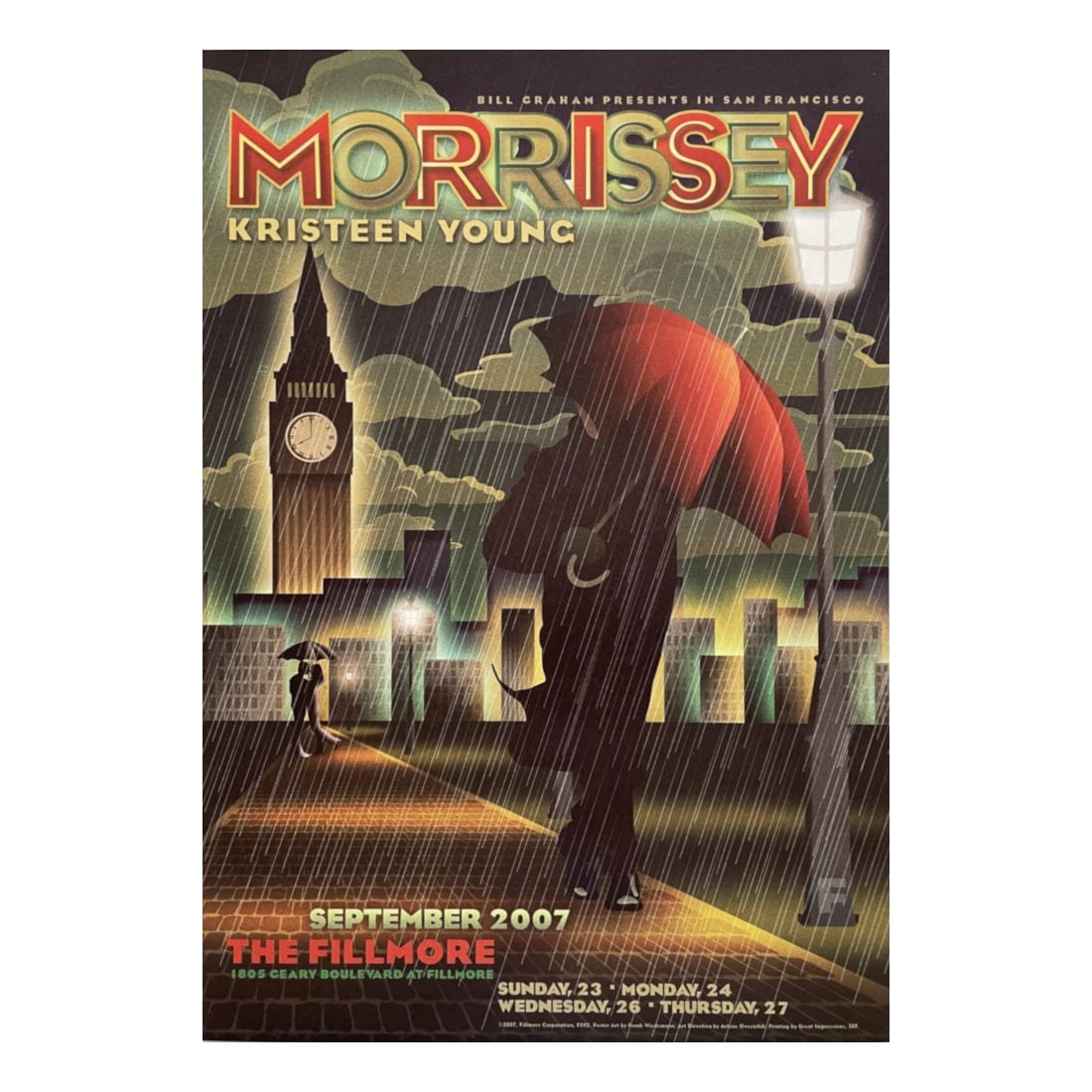 Morrissey - 2007 Concert Poster: MORRISSEY (English Singer-Songwriter) Original & Vintage Bill Graham Presents 2007 Concert Tour Poster featuring Morrissey. Venue: The Fillmore, San Francisco, California. Dated: September 23-24, 26-2