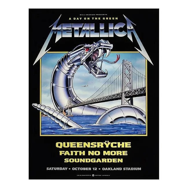Metallica - Soundgarden - 1991 Concert Poster: METALLICA (American Heavy Metal Band) SOUNDGARDEN (American Rock Band) QUENNSRYCHE (American Progressive Metal Band) Original & Vintage Bill Graham Presents Concert Poster featuring Metallica,