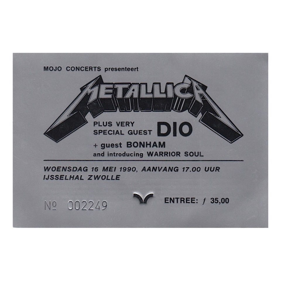 Metallica - 1990 Vintage Concert Ticket: METALLICA (American Heavy Metal Band) Original 1990 Concert Ticket featuring Metallica and Dio. Venue: IJsselhallen, Zwolle, Netherlands. Dated: May 16, 1990. Includes COA. Dimensions: Shipped Flat