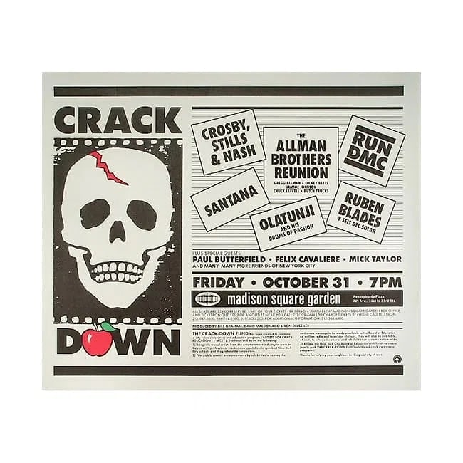Crack Down - CSN - 1986 Concert Poster: KEITH HARING (1958-1990 American Artist) CROSBY, STILLS & NASH (American Folk Rock Supergroup) Original & Vintage Bill Graham Presents Concert Poster 'Crack Down Festival' featuring Crosby, Stills & N