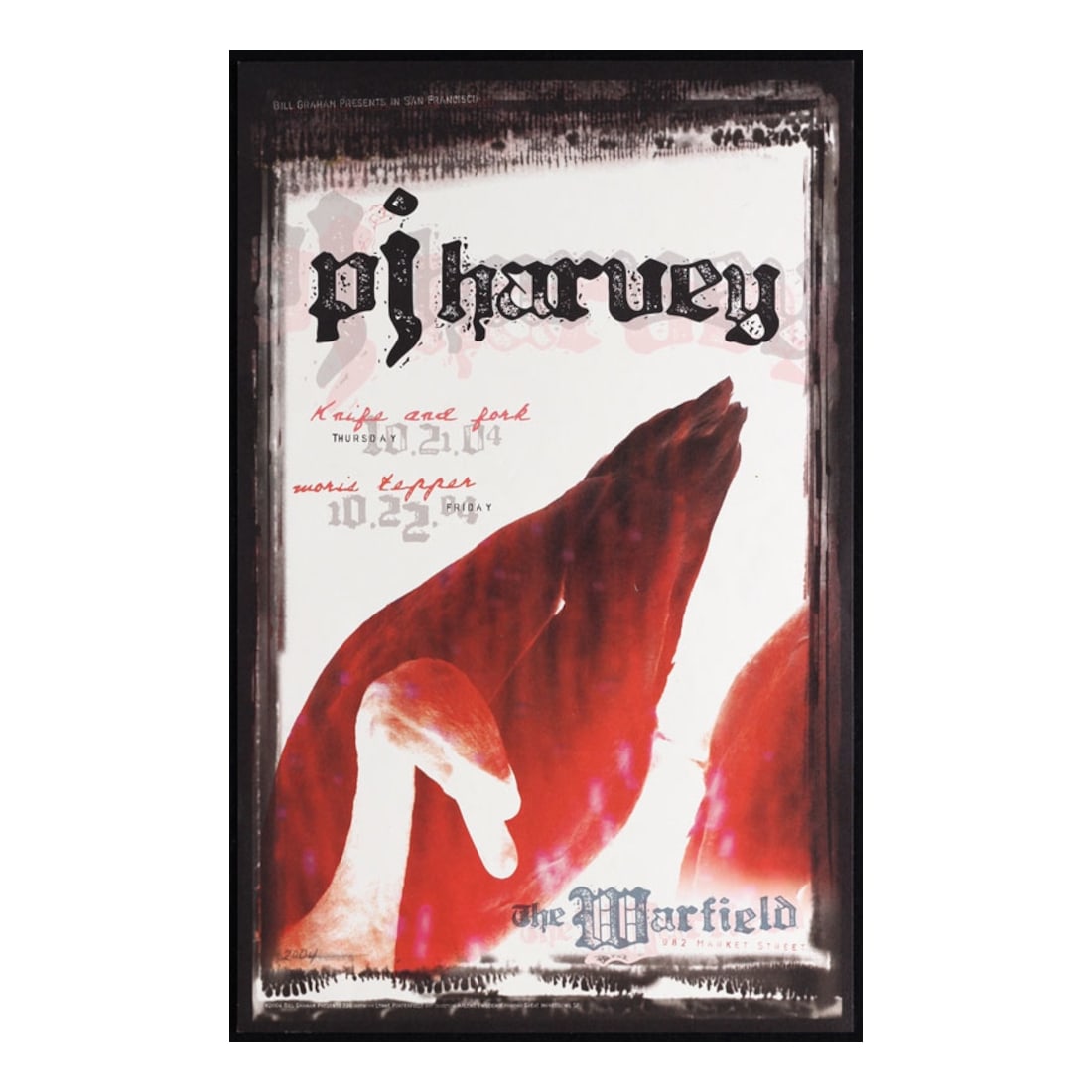 PJ Harvey - 2004 Warfield Concert Poster: PJ HARVEY (Parody Heavy Metal Band) Original & Vintage Bill Graham Presents 2004 Concert Tour Poster featuring PJ Harvey. Venue: The Warfield, San Francisco, California. Dated: October 21, 2004.