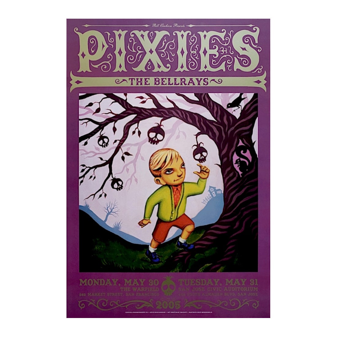 Pixies - 2005 Warfield Concert Poster: PIXIES (American Alternative Rock Band) Original & Vintage Bill Graham Presents 2005 Concert Tour Poster featuring Pixies. Venue: The Warfield, San Francisco, California. Dated: May 30 - 31, 2005. Art