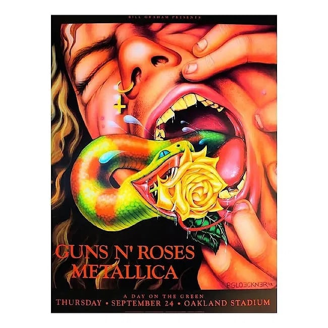 Guns N' Roses - Metallica - 1992 Concert Poster: GUNS N' ROSES (American Hard Rock Band) METALLICA (American Heavy Metal Band) Original & Vintage Bill Graham Presents Concert Poster featuring Guns N' Roses and Metallica. Venue: Oakland Coliseum