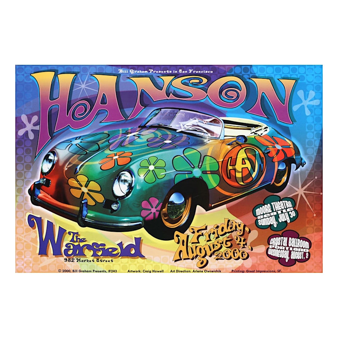 Hanson - 2000 Warfield Concert Poster: HANSON (American Pop Rock Band) Original & Vintage Bill Graham Presents 2000 Concert Tour Poster featuring Hanson. Venue: The Warfield, San Francisco, California. Dated: July 30, August 2,4, 2000 .