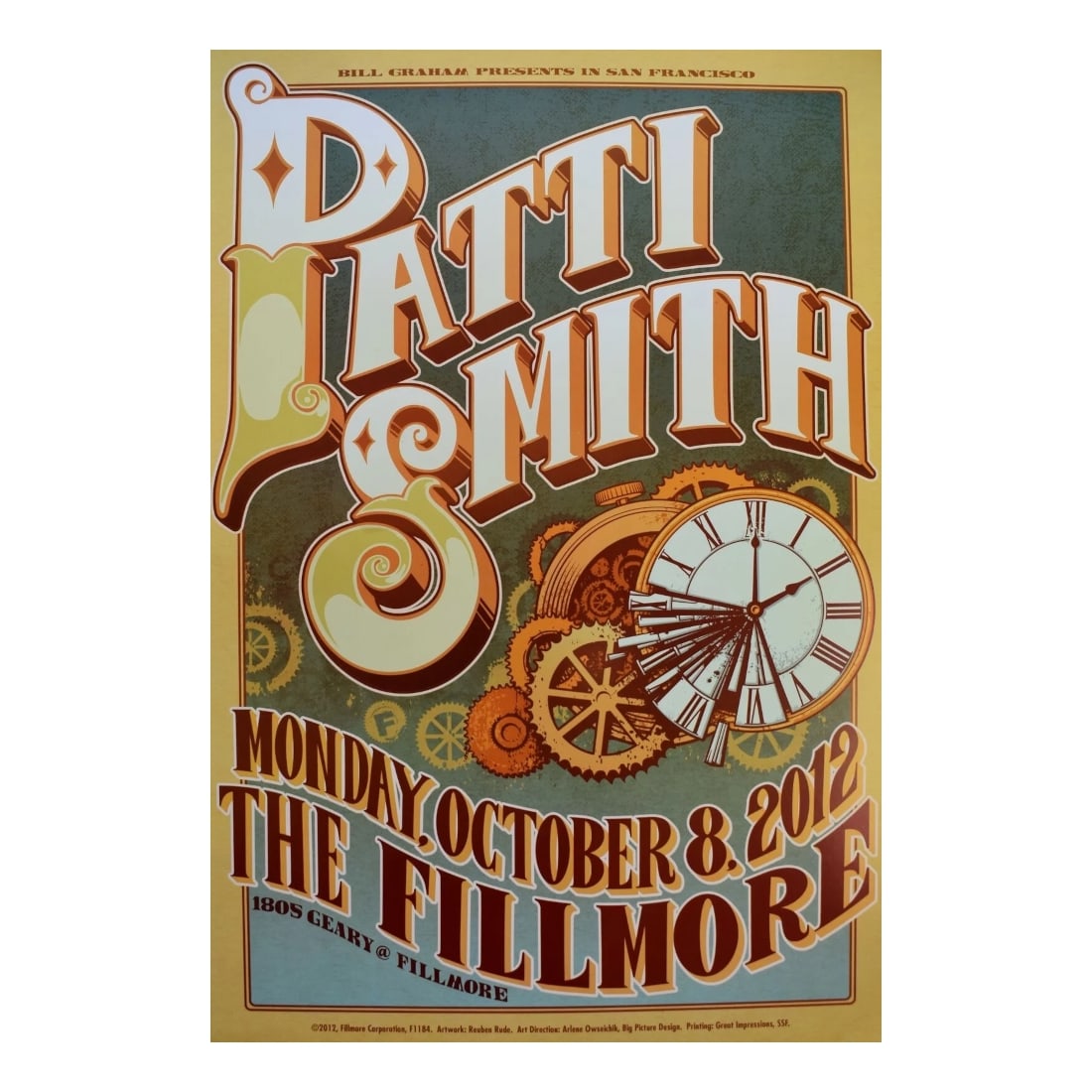 Patti Smith - 2012 Concert Poster: PATTI SMITH (American Singer-Songwriter) Original & Vintage Bill Graham Presents 2012 Concert Tour Poster featuring Patti Smith. Venue: The Fillmore, San Francisco, California. Dated: October 8,