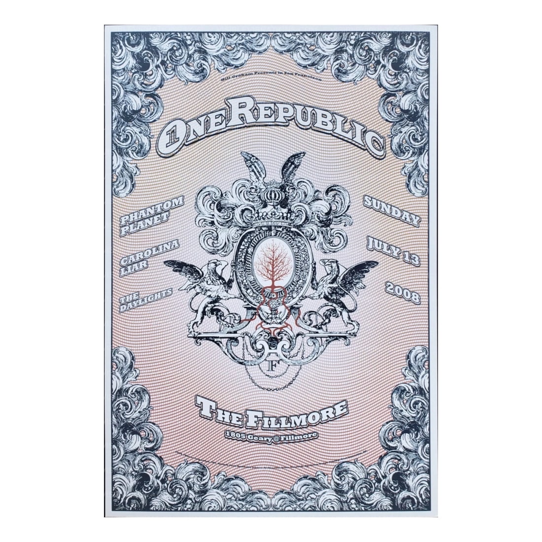 One Republic - 2008 Concert Poster: ONE REPUBLIC (American Pop Rock Band) Original & Vintage Bill Graham Presents 2008 Concert Tour Poster featuring One Republic. Venue: The Fillmore, San Francisco, California. Dated: July 13, 2008. Art