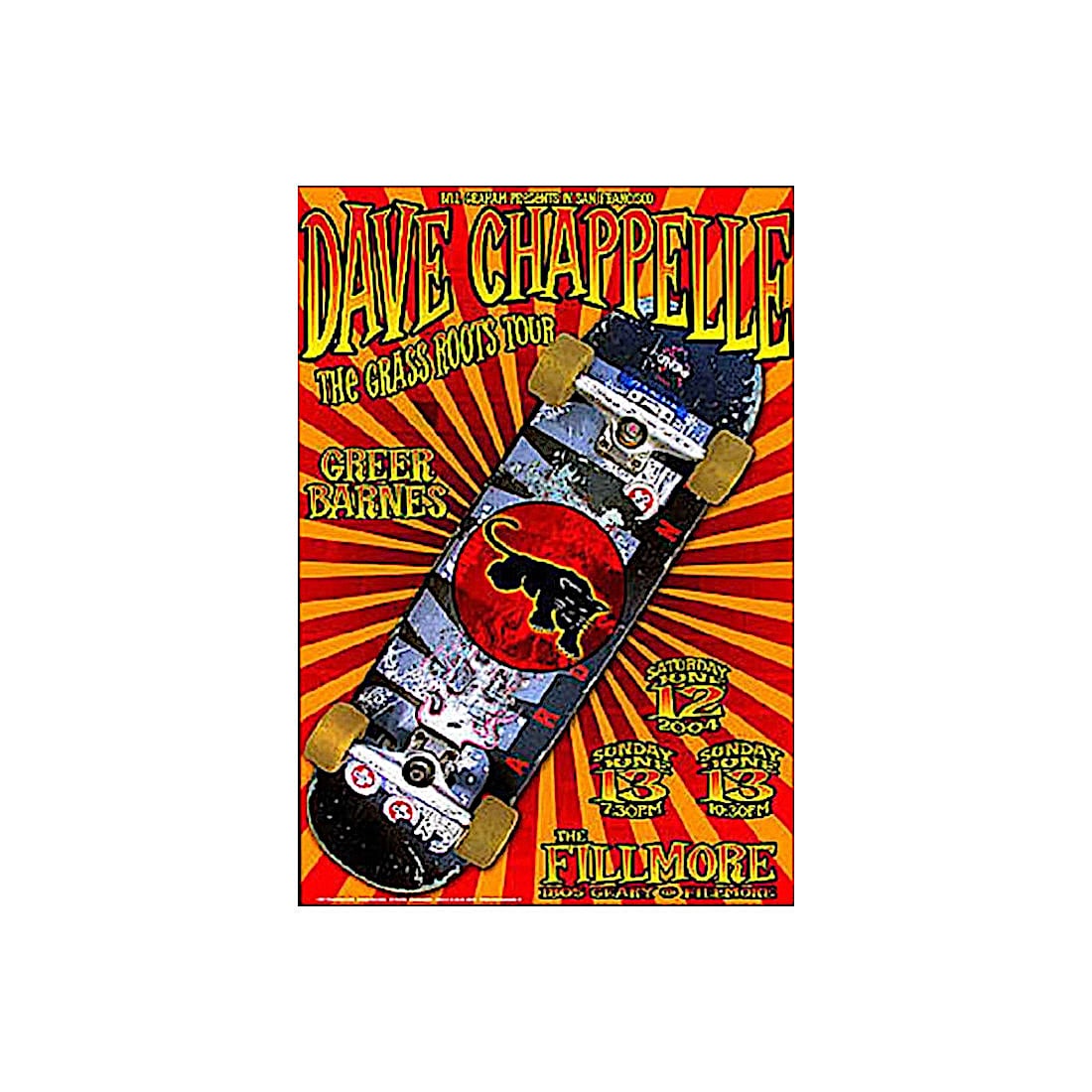 Dave Chappelle - 2004 Comedy Poster: DAVE CHAPPELLE (American Comedian) Original & Vintage Bill Graham Presents 2004 Concert Tour Poster featuring Dave Chappelle. Venue: The Fillmore, San Francisco, California. Dated: June 12 - 13, 2004.
