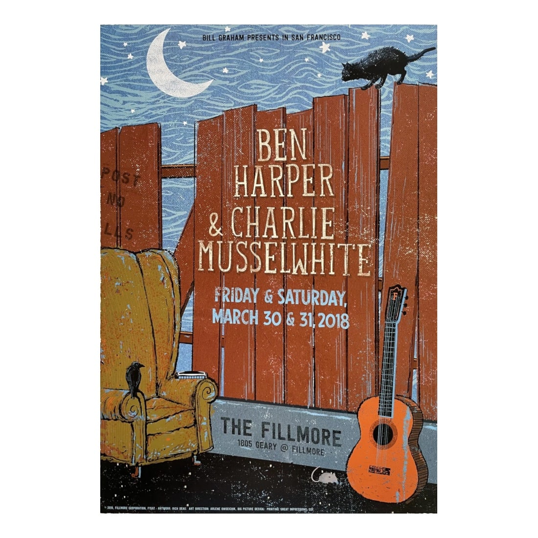 Ben Harper - 2018 Concert Poster: BEN HARPER (American Singer-Songwriter) Original & Vintage Bill Graham Presents 2018 Concert Tour Poster featuring Ben Harper. Venue: The Fillmore, San Francisco, California. Dated: March 30 - 31, 201