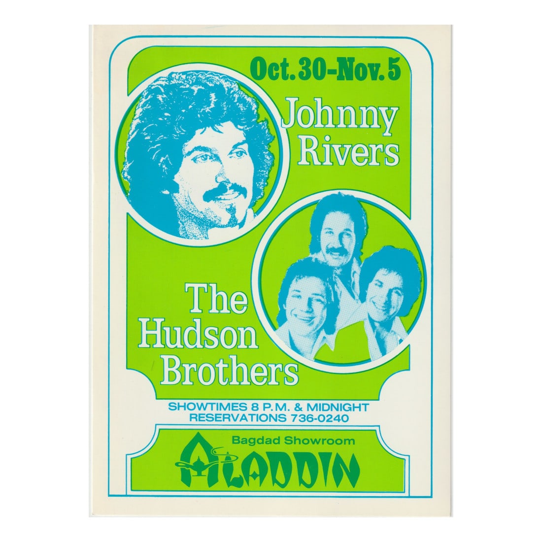 Johnny Rivers - Aladdin Concert Handbill: JOHNNY RIVERS (American Musician) THE HUDSON BROTHERS (American Musical Group) Authentic Aladdin Concert Handbill featuring Johnny Rivers & The Hudson Brothers. Venue: Aladdin, Las Vegas, Nevada. Date