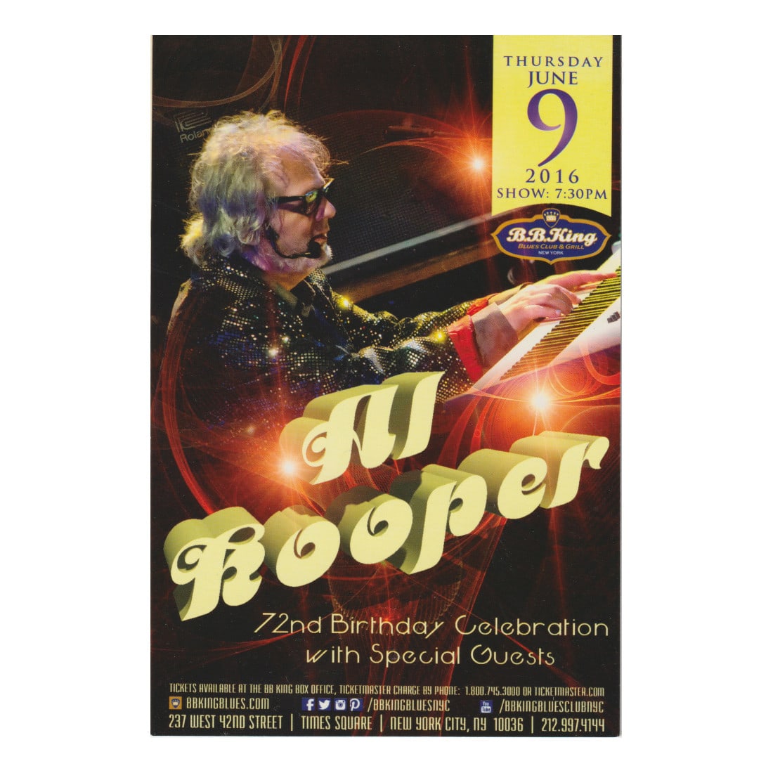 Al Kooper - Blue Oyster Cult - 2016 Concert Handbill: AL KOOPER (American Musician) BLUE OYSTER CULT (American Rock Band) Authentic 2016 B.B. King Blues Club & Grill Concert Handbill featuring Al Kooper and Blue Oyster Cult. Venue: B.B. King Blues Club &