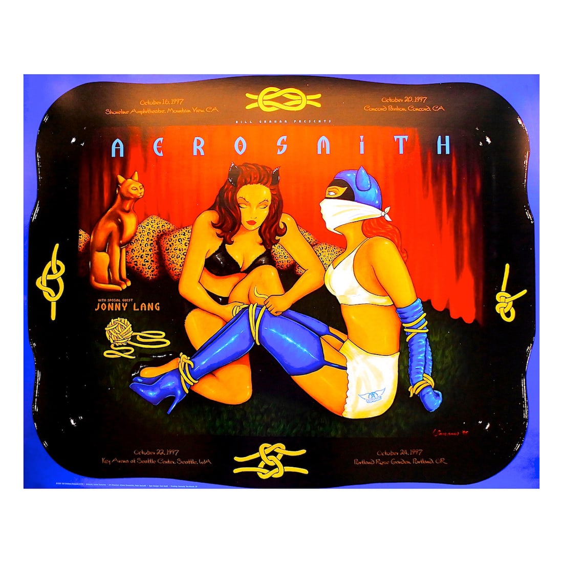 Aerosmith - Jonny Lang - 1997 Concert Poster: AEROSMITH (American Rock Band) Original & Vintage Bill Graham Presents Concert Poster featuring Aerosmith and Jonny Lang. Venue: Shoreline Amphitheatre, Mountain View, California. Dated: October 16, 1