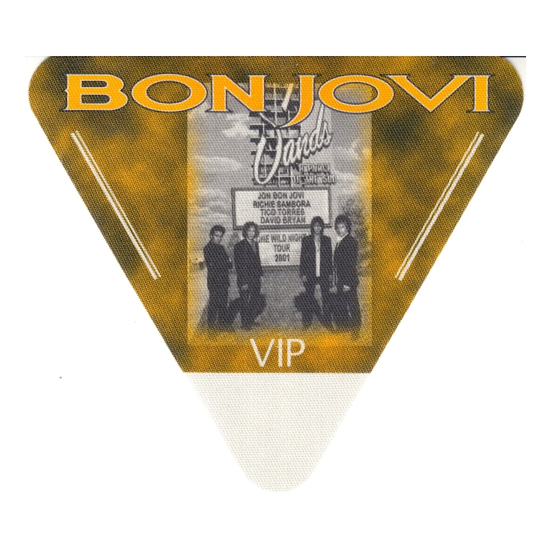 Bon Jovi - One Wild Night Tour - Backstage Pass: BON JOVI (American Rock Band) Authentic 2001 One Wild Night Tour Unused VIP Backstage Pass Yellow. Manufactured By: Perri Includes COA. Dimensions: 4 1/4 inches by 3 3/4 inches Shipped Flat Shipping