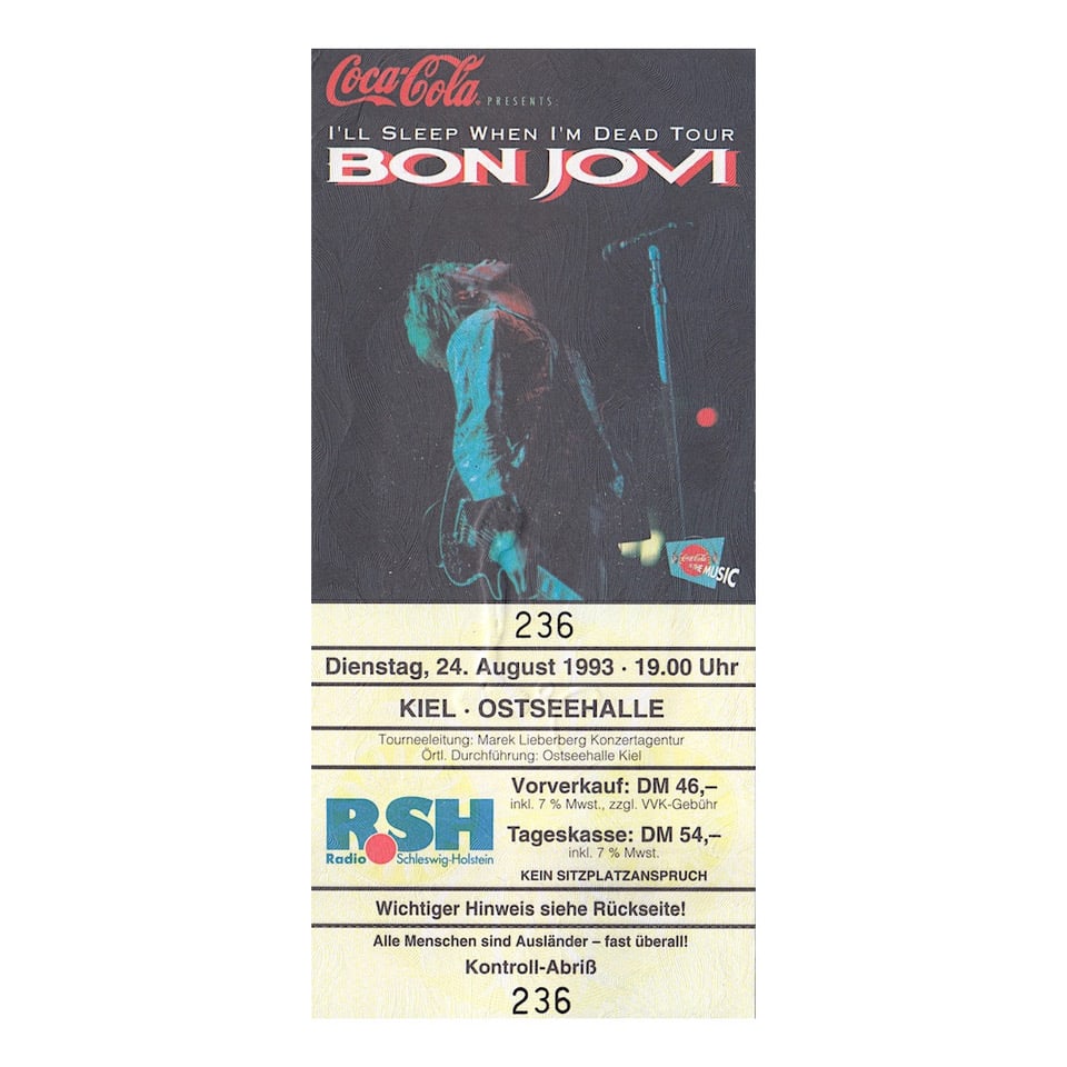 Bon Jovi - 1993 Vintage Concert Ticket (1 of 1)