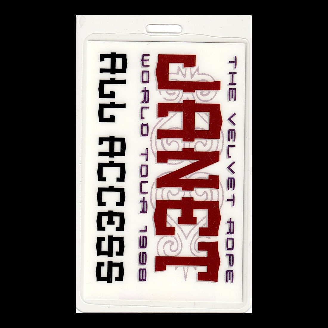 Janet Jackson - 1998 Laminated Backstage Pass: JANET JACKSON (American Singer-Songwriter) Authentic 1998 The Velvet Rope World Tour Unused Laminated All Access Backstage Pass. Includes COA. Dimensions: 2 1/2 inches by 4 1/4 inches Shipped Flat