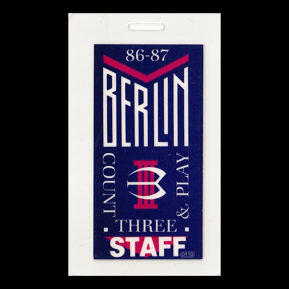 Berlin - 1986 Laminated Backstage Pass: BERLIN (American New Wave Band) Authentic 1986 1987 Count Three and Play Tour Unused Laminated Staff Backstage Pass. Manufactured By: OTTO Includes COA. Dimensions: 2 1/2 inches by 4 1/4 inches
