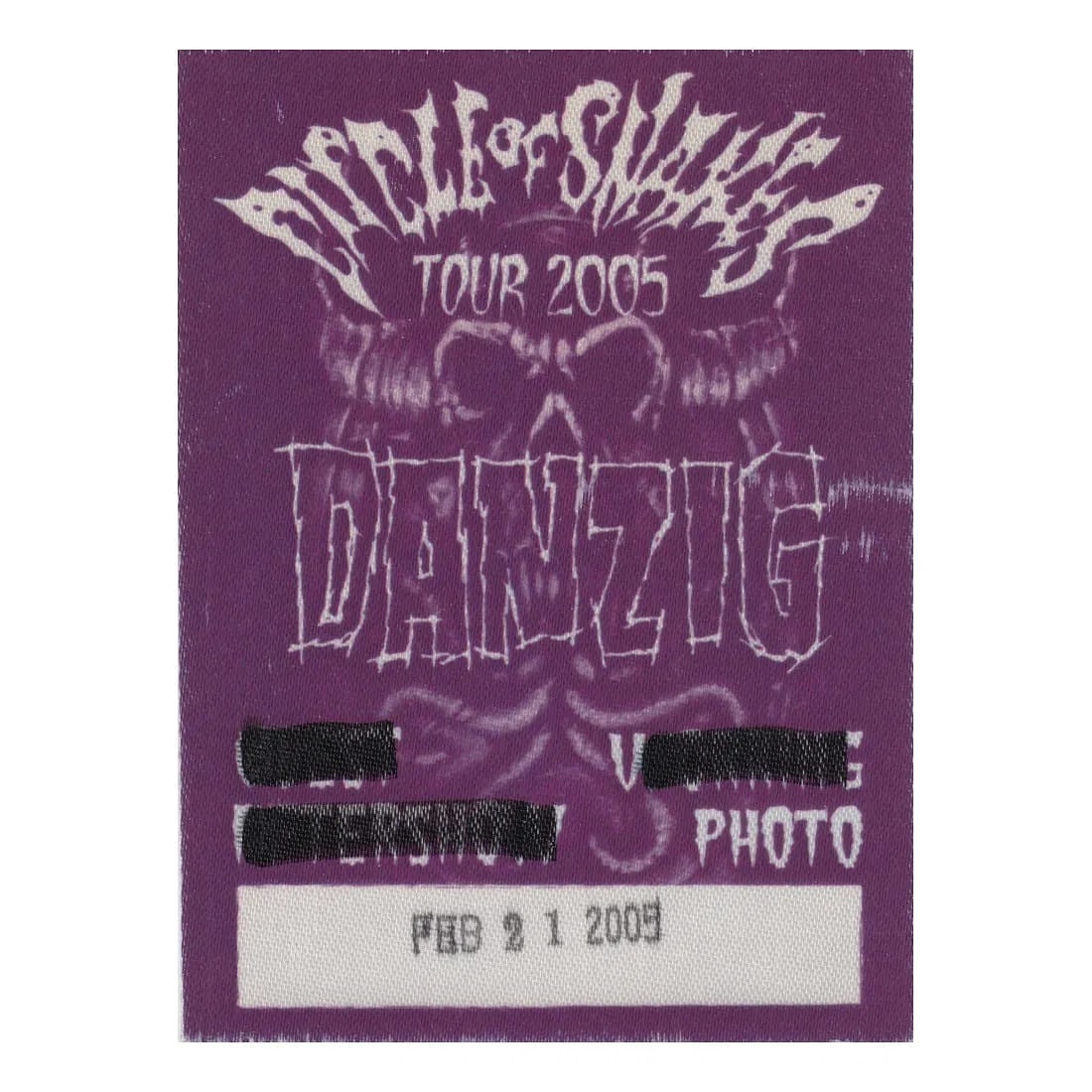 Danzig - 2005 Circle of Snakes Tour - Backstage Pass: DANZIG (American Heavy Metal Band) Authentic 2005 Circle of Snakes Tour Unused Photo Backstage Pass . Dated: 02-21-2005. Includes COA. Dimensions: 3 1/16 inches by 4 1/8 inches Shipped Flat Shipping c