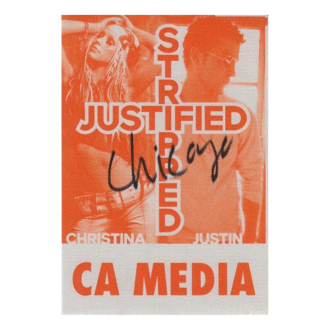 Christina Aguilera - The Justified & StrippedTour - Backstage Pass: CHRISTINA AGUILERA (American Singer) Authentic 2003 The Justified & Stripped Tour Unused CA Media Backstage Pass . Dated: Year 2003. Includes COA. Dimensions: 3 1/4 inches by 4 3/4 inches Shipped Flat