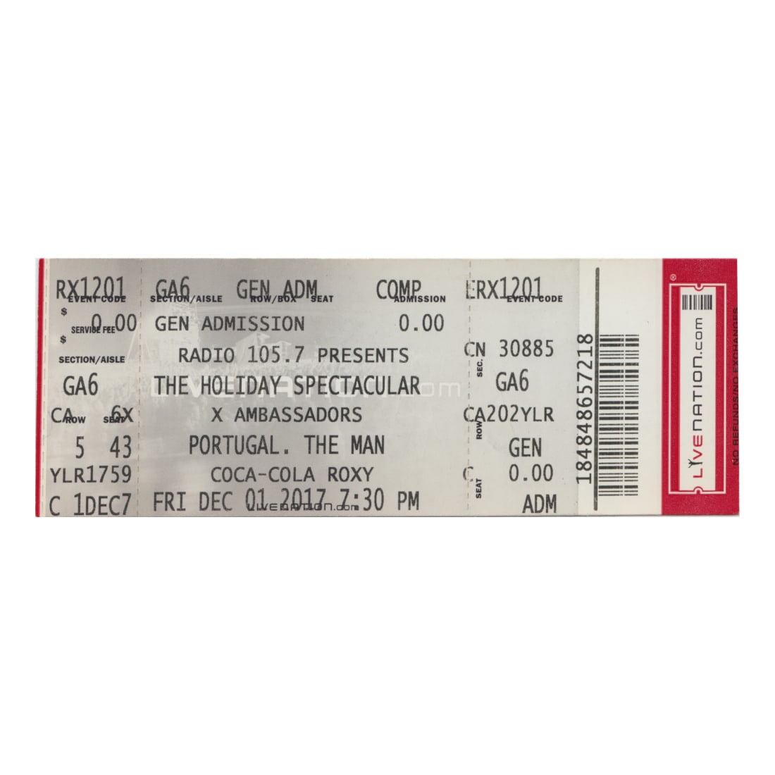 X Ambassadors - 2017 Vintage Concert Ticket: X AMBASSADORS (American Pop Band) Original 2017 unused Concert Ticket featuring X Ambassadors. Venue: Coca-Cola Roxy Theatre, Atlanta, GA. Dated: December 1, 2017. Includes COA. Dimensions: 5 5/8 inch