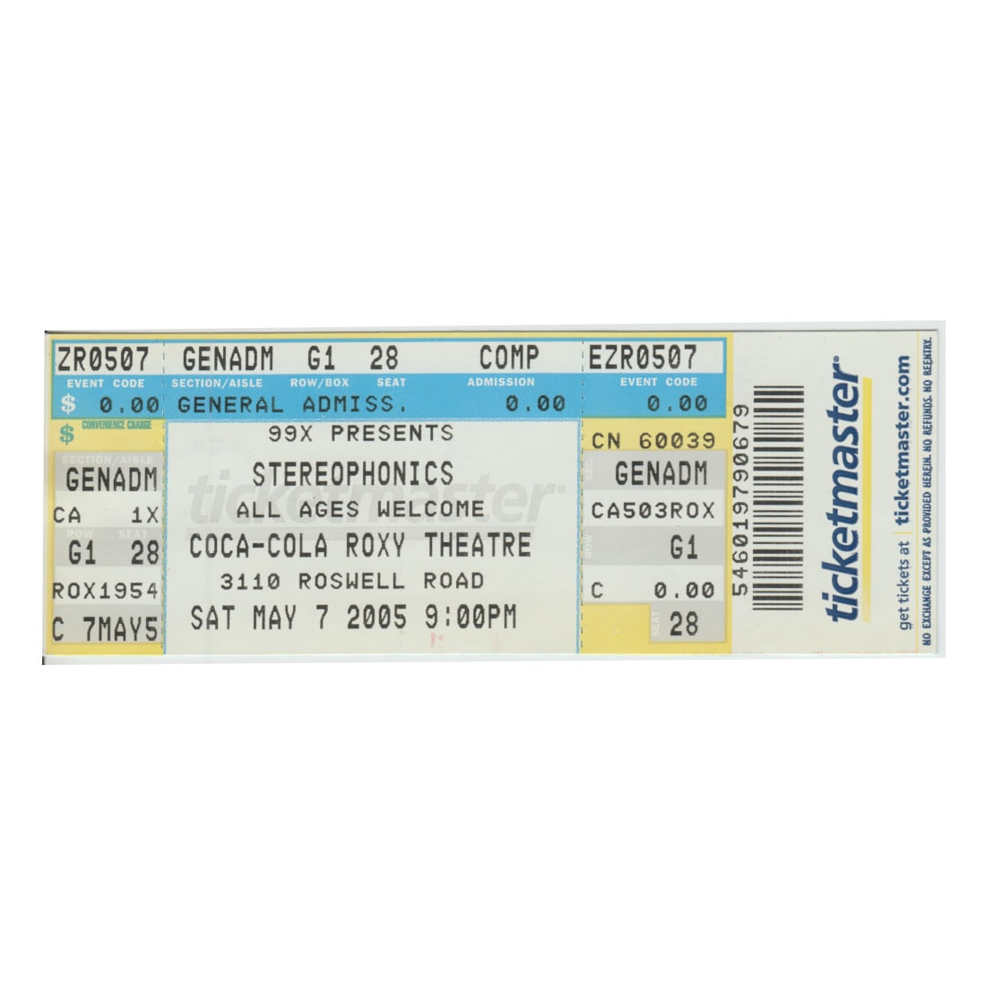 Stereophonics - 2005 Vintage Concert Ticket: STEREOPHONICS (Welsh Rock Band) Original 2005 unused Concert Ticket featuring Stereophonics. Venue: Coca-Cola Roxy Theatre, Atlanta, GA. Dated: May 7, 2005. Includes COA. Dimensions: 5 5/8 inches by 2