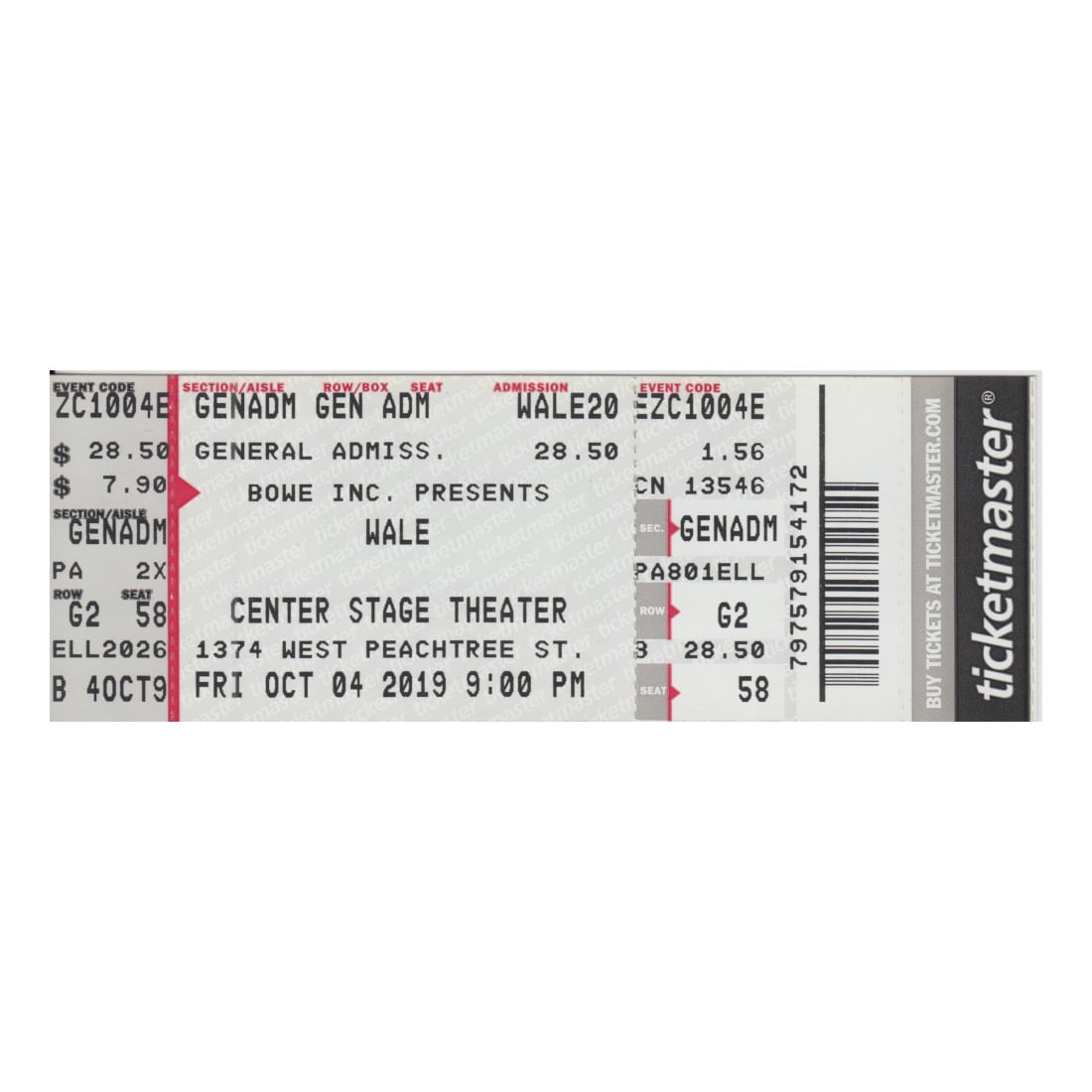 Wale - 2019 Vintage Concert Ticket: WALE (American Rapper) Original 2019 unused Concert Ticket featuring Wale. Venue: Center Stage Theater, Atlanta, GA. Dated: October 4, 2019. Includes COA. Dimensions: 5 5/8 inches by 2 inches Shipped 