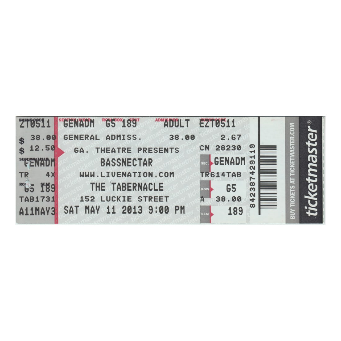 Bassnectar - 2013 Vintage Concert Ticket: BASSNECTAR (American DJ) Original 2013 unused Concert Ticket featuring Bassnectar. Venue: The Tabernacle, Atlanta, GA. Dated: May 11, 2013. Includes COA. Dimensions: 5 5/8 inches by 2 inches Shipped F