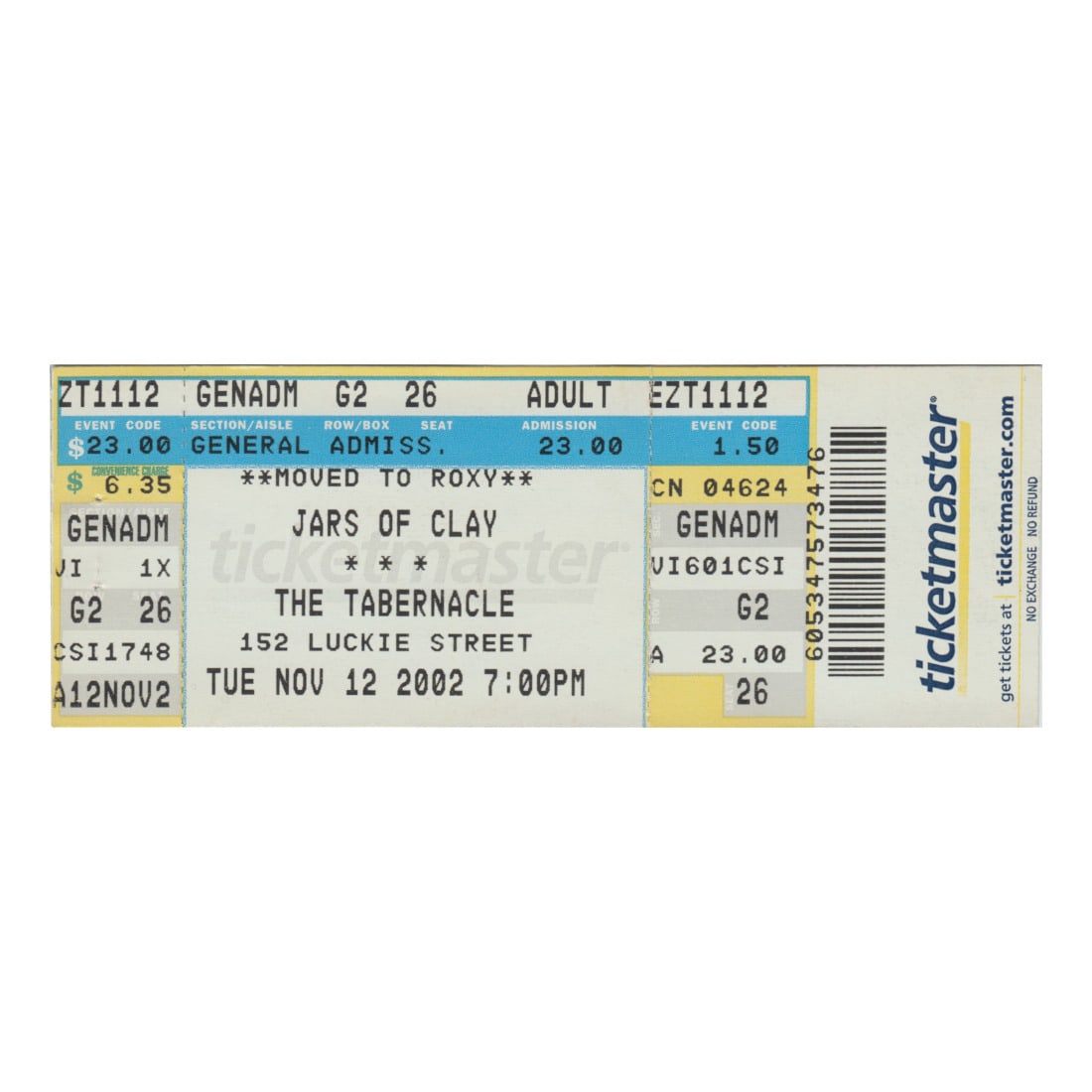 Jars of Clay - 2002 Vintage Concert Ticket: JARS OF CLAY (Christian Alternative Rock Band) Original 2002 unused Concert Ticket featuring Jars of Clay. Venue: The Tabernacle, Atlanta, GA. Dated: November 12, 2002. Includes COA. Dimensions: 5 5/8