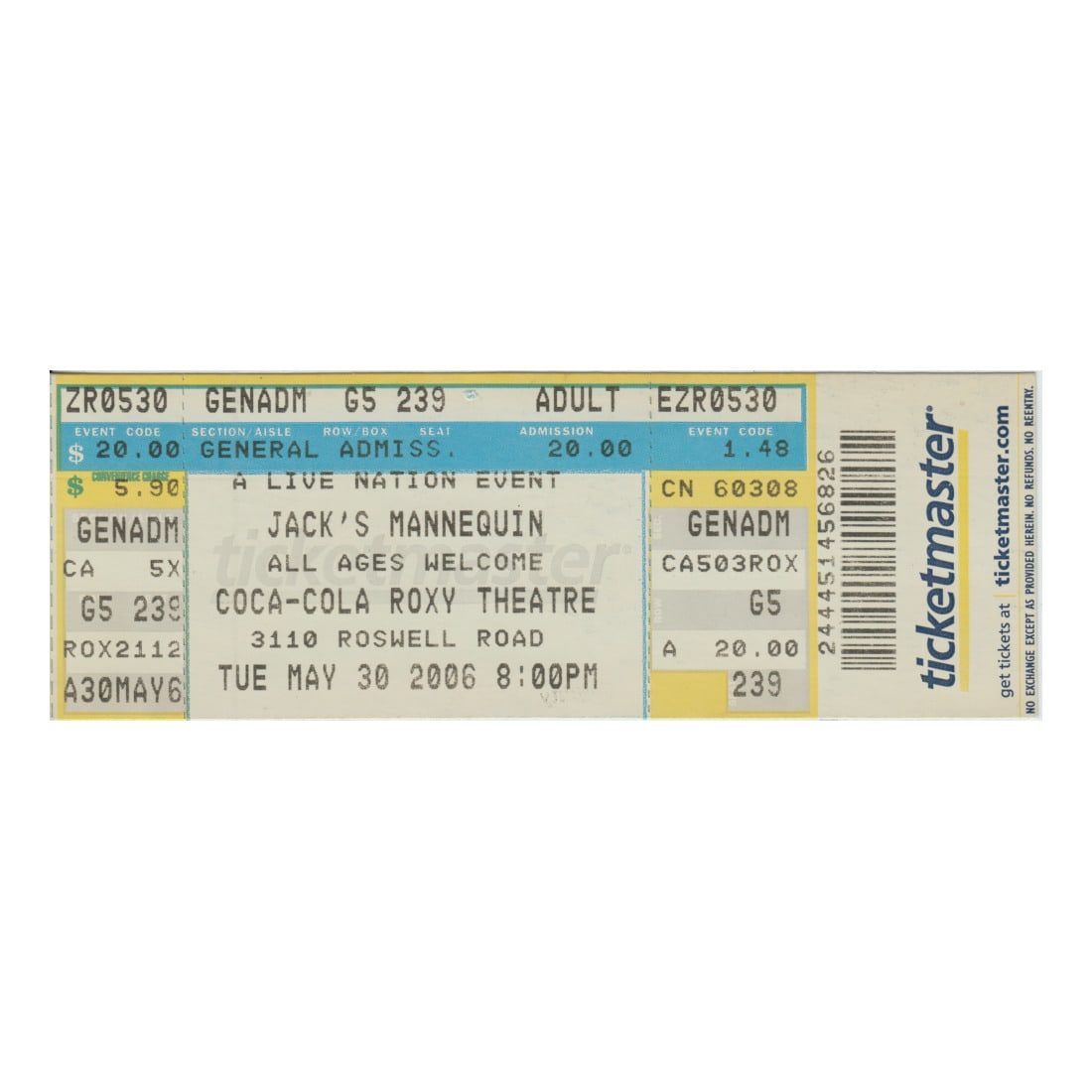 Jack's Mannequin - 2006 Vintage Concert Ticket (1 of 1)