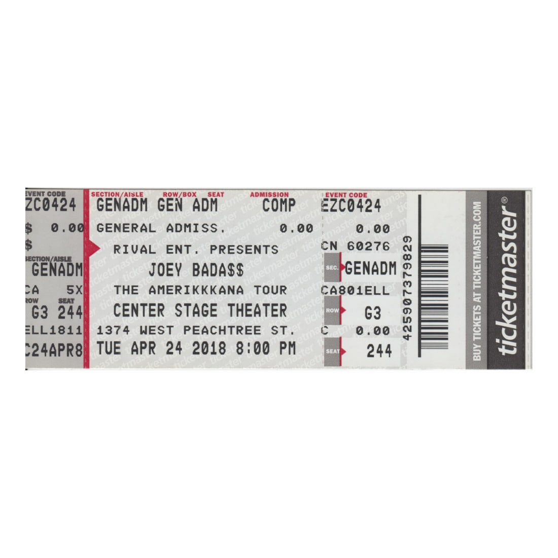 Joey Basa - 2018 Vintage Concert Ticket: JOEY BASA (American Rapper) Original 2018 unused Concert Ticket featuring Joey Basa. Venue: Center Stage Theater, Atlanta, GA. Dated: April 24, 2018. Includes COA. Dimensions: 5 5/8 inches by 2 inches