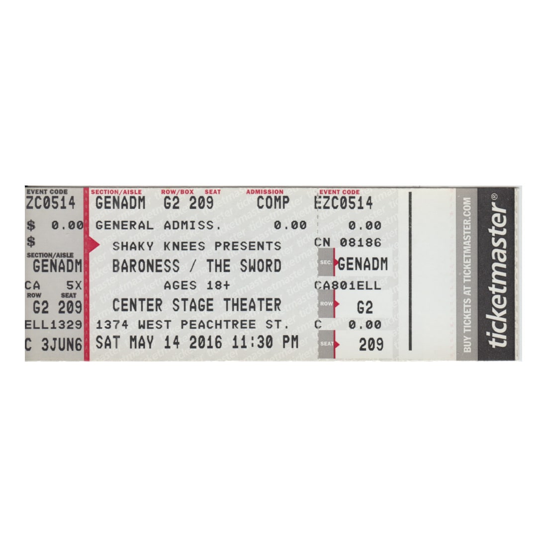 Baroness - 2016 Vintage Concert Ticket: BARONESS (American Heavy Metal Band) Original 2016 unused Concert Ticket featuring Baroness. Venue: Center Stage Theater, Atlanta, GA. Dated: May 14, 2016. Includes COA. Dimensions: 5 5/8 inches by 2 