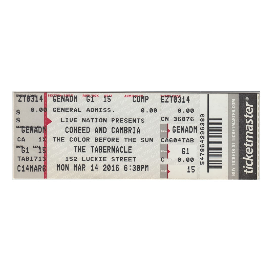 Coheed & Cambria - 2016 Vintage Concert Ticket: COHEED & CAMBRIA (American Progressive rock) Original 2016 unused Concert Ticket featuring Coheed & Cambria. Venue: The Tabernacle, Atlanta, GA. Dated: March 14,2016. Includes COA. Dimensions: 5 5/8 i
