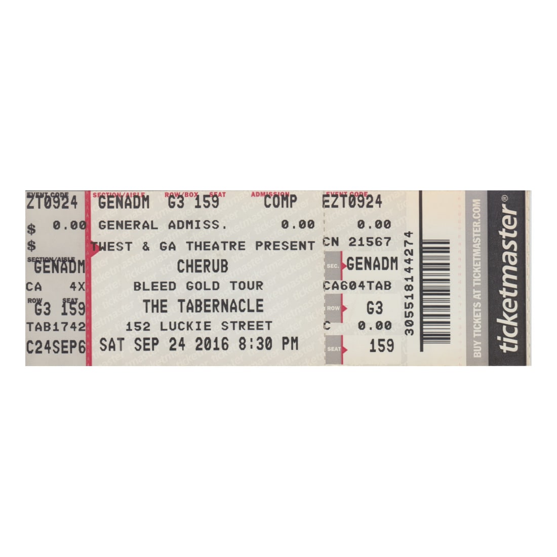 Cherub - 2016 Vintage Concert Ticket: CHERUB (American Electro-Indie Duo) Original 2016 unused Concert Ticket featuring Cherub. Venue: The Tabernacle, Atlanta, GA. Dated: September 24, 2016. Includes COA. Dimensions: 5 5/8 inches by 2 inc