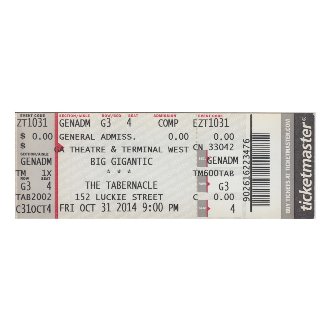Big Gigantic - 2014 Vintage Concert Ticket: BIG GIGANTIC (Hip Hop Duo) Original 2014 unused Concert Ticket featuring Big Gigantic. Venue: The Tabernacle, Atlanta, GA. Dated: October 31, 2014. Includes COA. Dimensions: 5 5/8 inches by 2 inches S