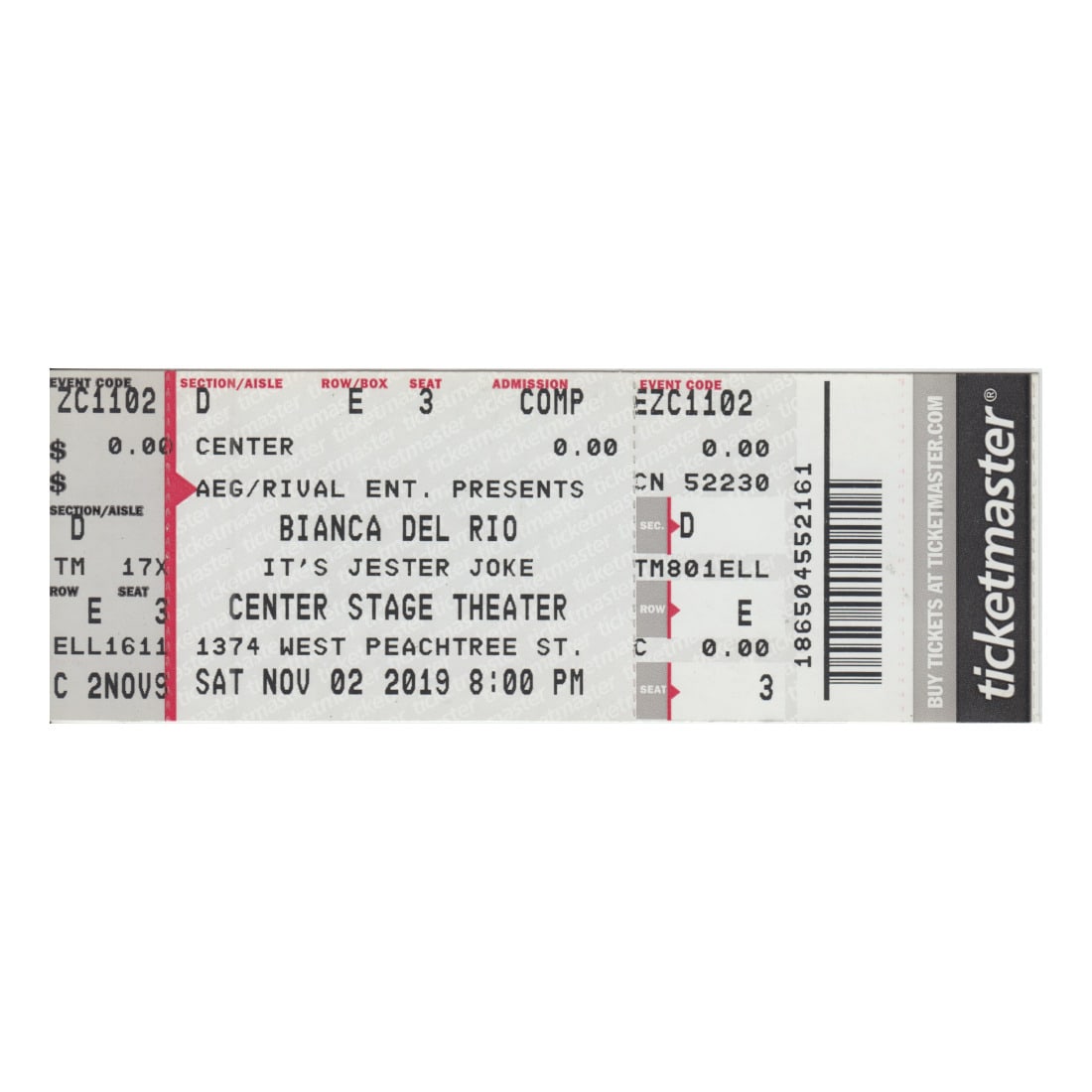 Bianca Del Rio - 2019 Vintage Concert Ticket: BIANCA DEL RIO (American Drag Queen) Original 2019 unused Concert Ticket featuring Bianca Del Rio. Venue: Center Stage Theater, Atlanta, GA. Dated: November 2, 2019. Includes COA. Dimensions: 5 5/8 in