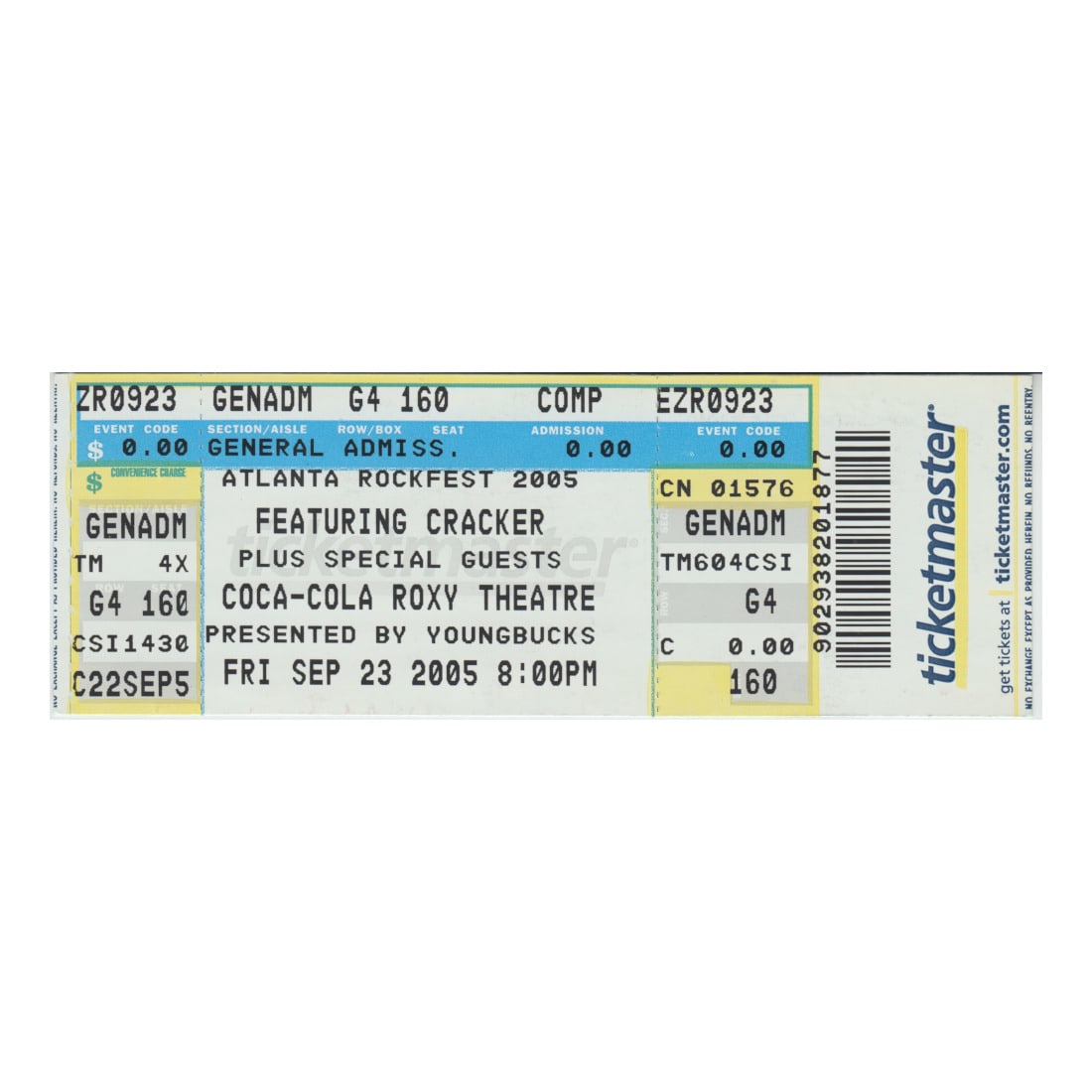 Cracker - 2005 Vintage Concert Ticket: CRACKER (American Rock Band) Original 2005 unused Concert Ticket featuring Cracker. Venue: Coca-Cola Roxy Theatre, Atlanta, GA. Dated: September 23, 2005. Includes COA. Dimensions: 5 5/8 inches by 2 i