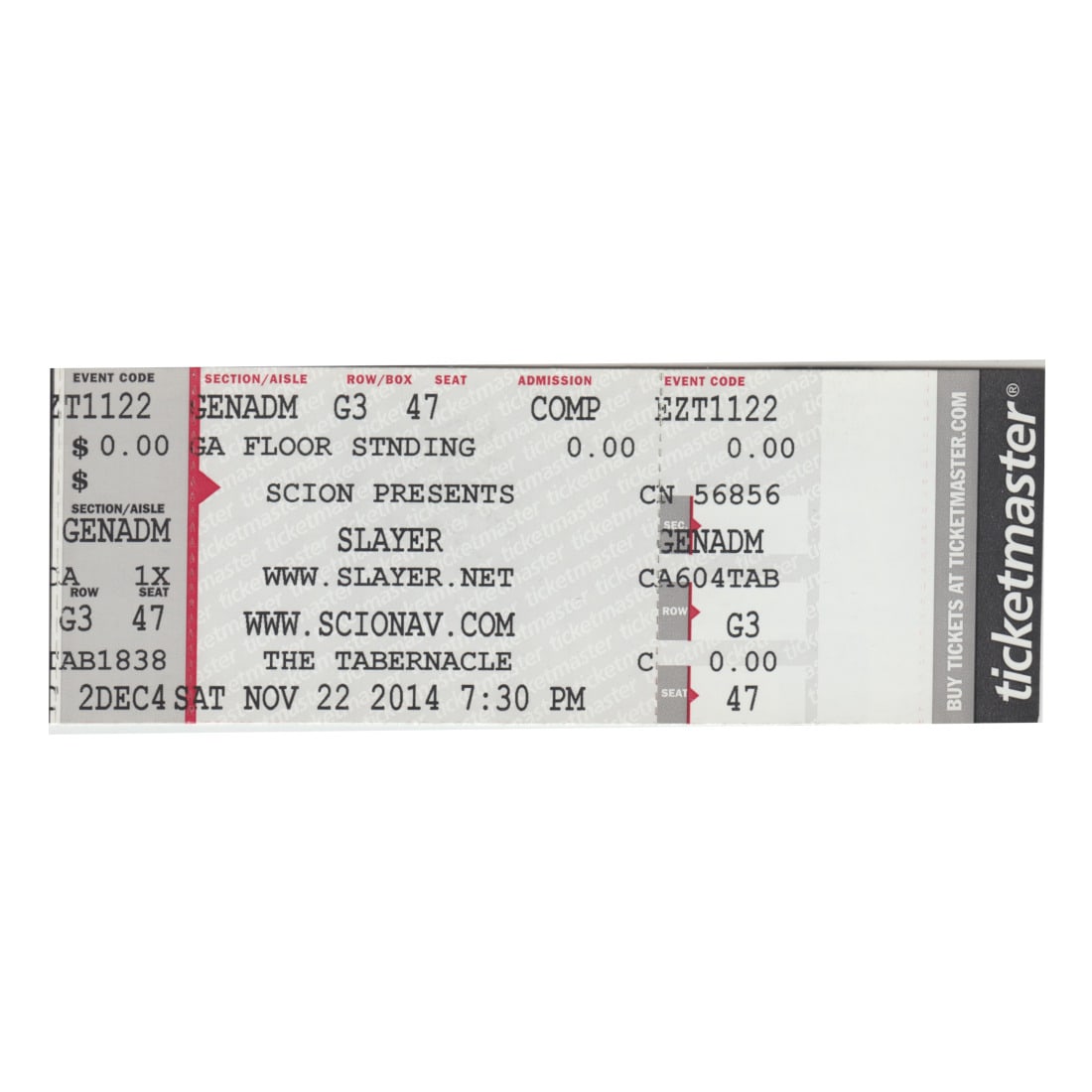 Slayer - 2014 Vintage Concert Ticket: SLAYER (American Thrash Metal) Original 2014 unused Concert Ticket featuring Slayer. Venue: The Tabernacle, Atlanta, GA. Dated: November 22, 2014. Includes COA. Dimensions: 5 5/8 inches by 2 inches Sh