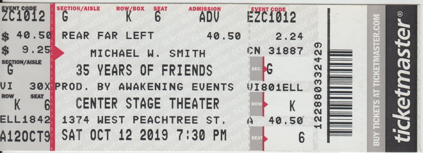 Michael W. Smith - 2019 Vintage Concert Ticket: MICHAEL W. SMITH (American Musician) Original 2019 unused Concert Ticket featuring Michael W. Smith. Venue: Center Stage Theater, Atlanta, GA. Dated: October 12, 2019. Includes COA. Dimensions: 5 5/8 