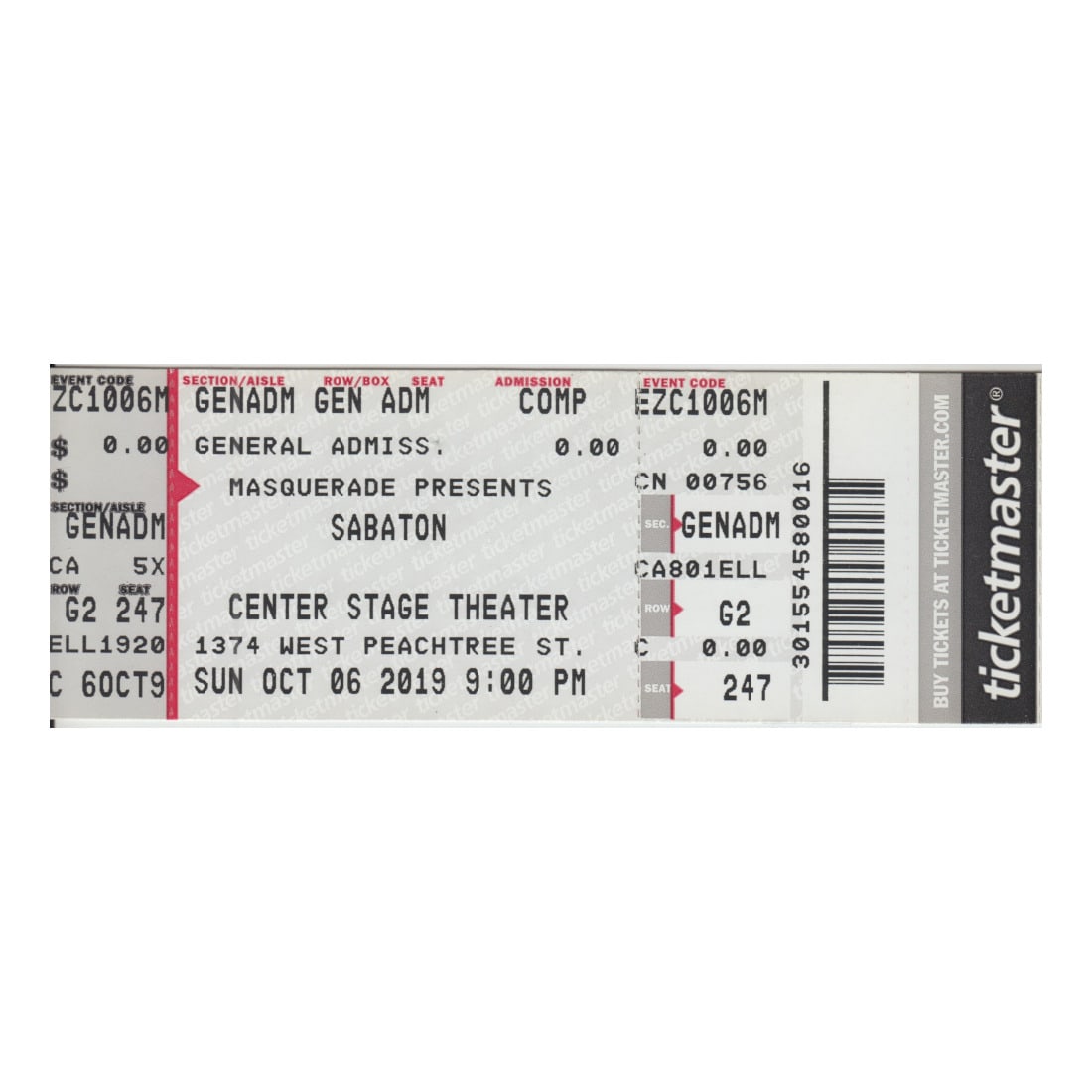 Sabaton - 2019 Vintage Concert Ticket: SABATON (Swedish Power Metal Band) Original 2019 unused Concert Ticket featuring Sabaton. Venue: Center Stage Theater, Atlanta, GA. Dated: October 6, 2019. Includes COA. Dimensions: 5 5/8 inches by 2 