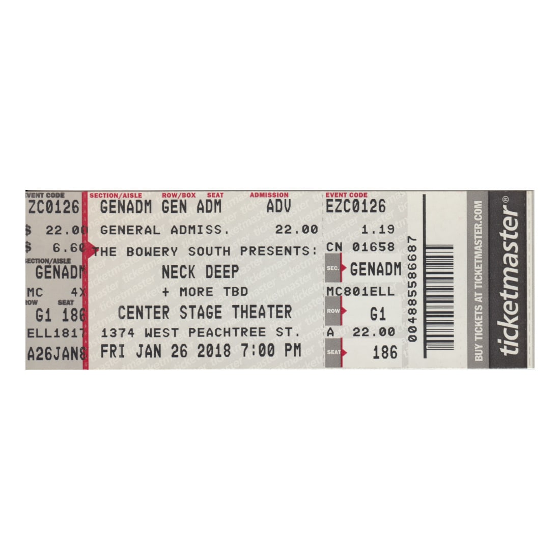 Neck Deep - 2018 Vintage Concert Ticket: NECK DEEP (Welsh Pop Punk Band) Original 2018 unused Concert Ticket featuring Neck Deep. Venue: Center Stage Theater, Atlanta, GA. Dated: Janurary 26, 2018. Includes COA. Dimensions: 5 5/8 inches by 2