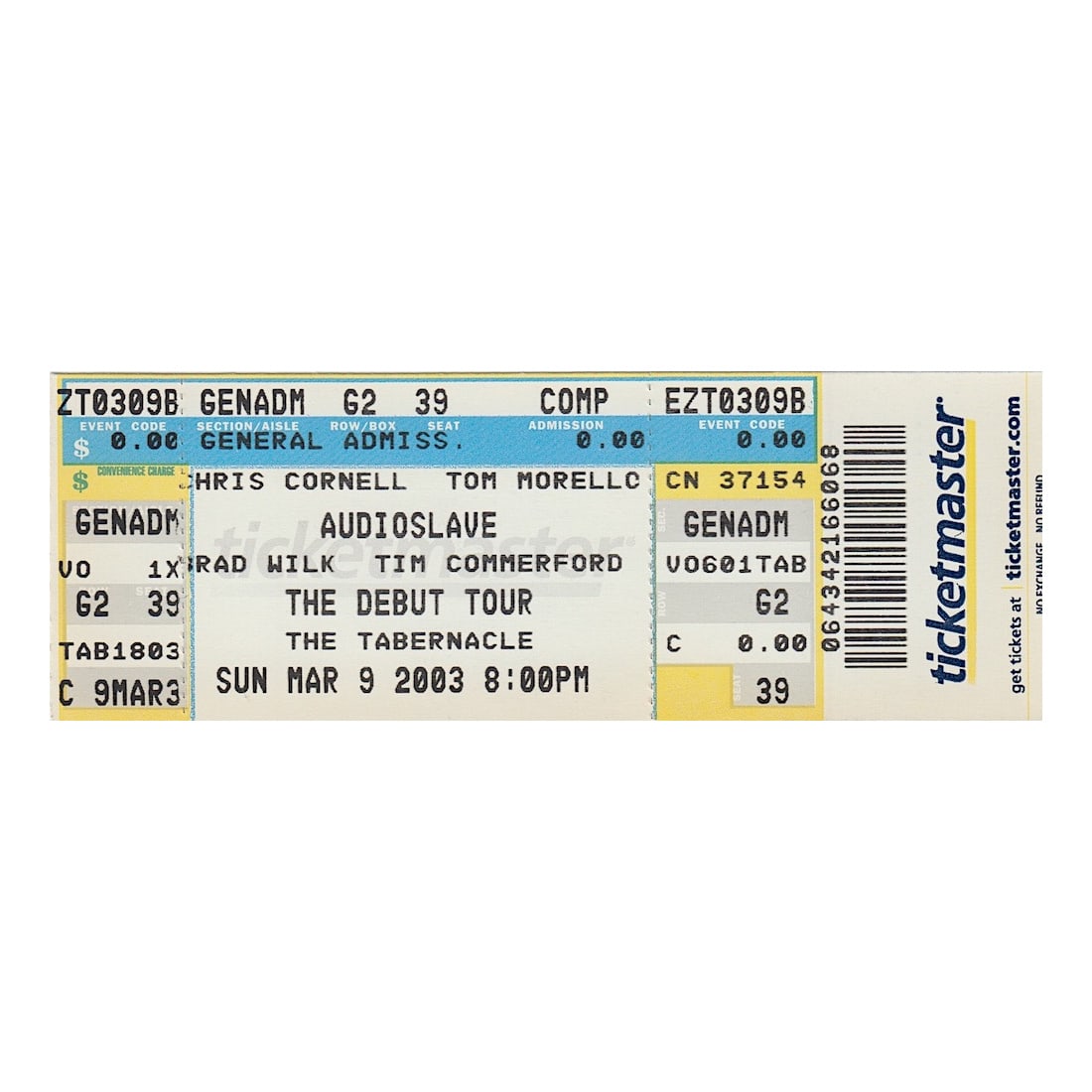 Audioslave - 2003 Vintage Concert Ticket: AUDIOSLAVE (American Rock Supergroup) Original 2003 unused Concert Ticket featuring Audioslave. Venue: The Tabernacle, Atlanta, GA. Dated: March 9, 2003. Includes COA. Dimensions: 5 5/8 inches by 2 in