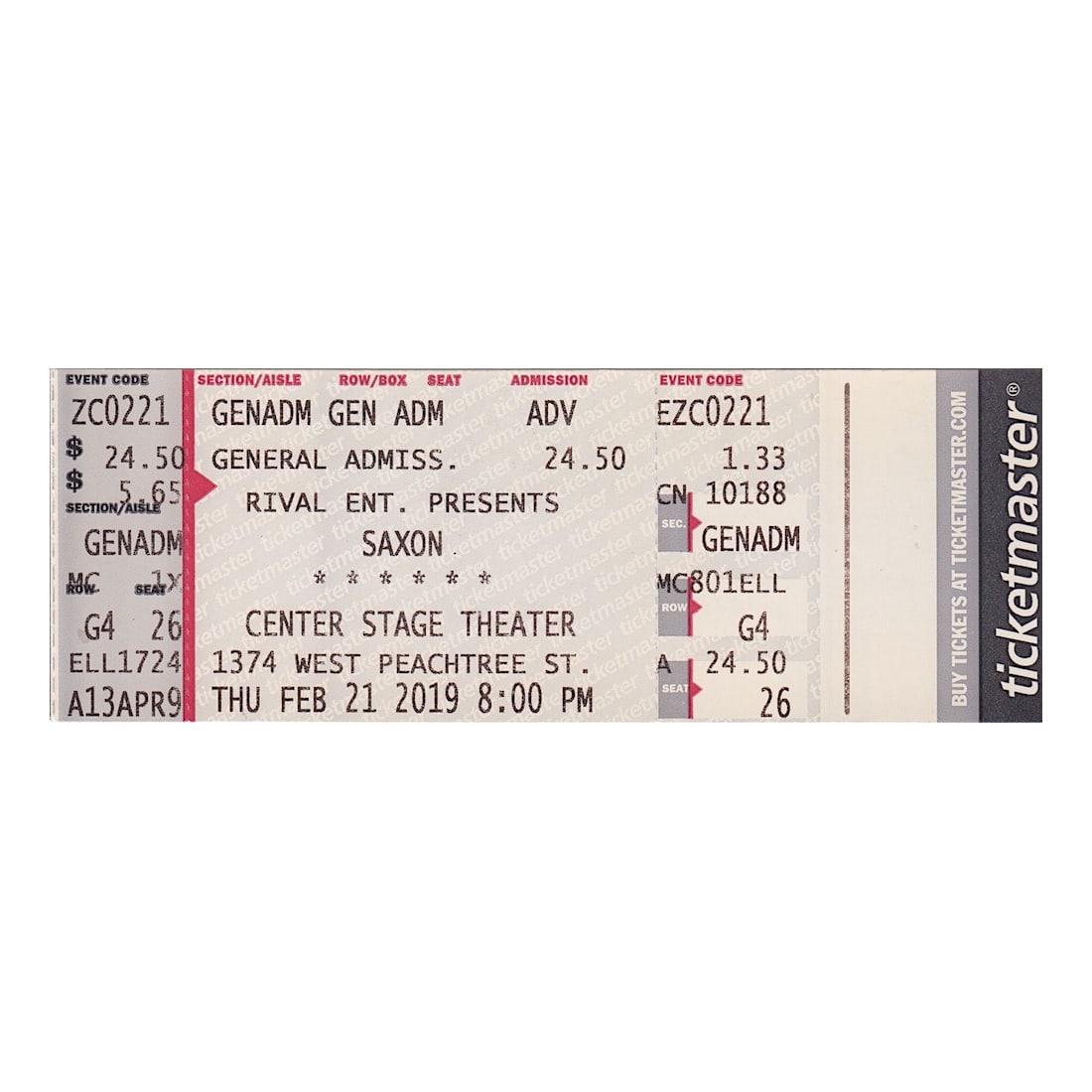 Saxon - 2019 Vintage Concert Ticket: SAXON (English Heavy Metal Band) Original 2019 unused Concert Ticket featuring Saxon. Venue: Center Stage Theater, Atlanta, GA. Dated: February 21, 2019. Includes COA. Dimensions: 5 5/8 inches by 2 in