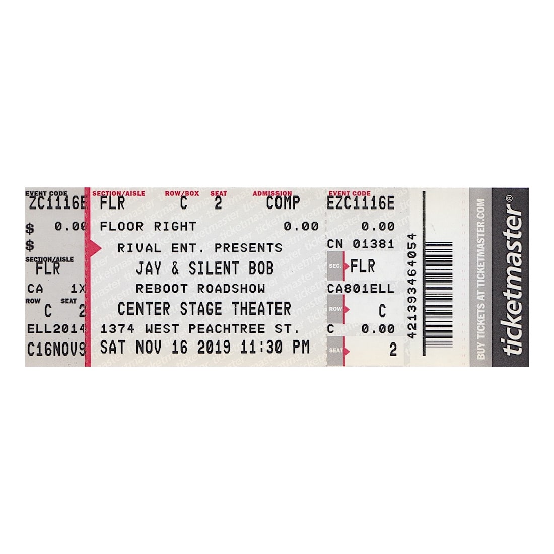 Jason & Silent Bob - 2019 Vintage Concert Ticket: Original 2019 unused Concert Ticket featuring Jay & Silent Bob. Venue: Center Stage Theater, Atlanta, GA. Dated: November 16, 2019. Includes COA. Dimensions: 5 5/8 inches by 2 inches Shipped Flat Ship